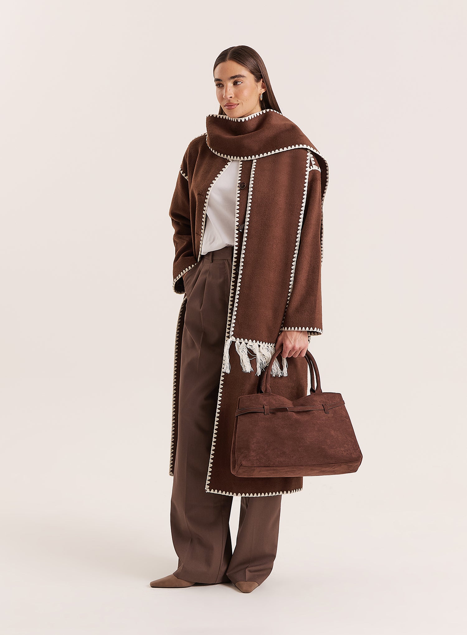 Chocolate Contrast Stitch Longline Scarf Coat